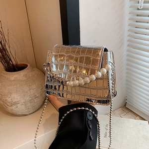 Silver mirror mini flap bag with crocodile texture and pearl chain handle