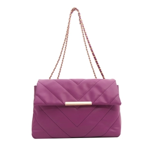 Minimalist purple quilted crossbody bag with golden hardware and chain strap