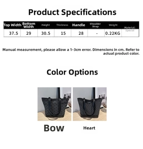 Size guide with dimensions for large heart print tote bag showing width and height details