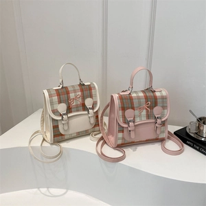 Fashion Mini Backpack PU Leather Plaid Small Handbag Preppy Sweet Bow Travel Bag For Women Girls