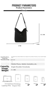 Tableau des dimensions détaillé montrant la capacité du sac fourre-tout en toile noir