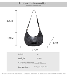Detailed size specifications for the black crocodile embossed crescent shoulder bag