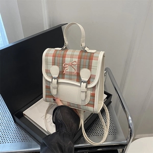 Fashionable plaid small backpack with pink bow embroidery and versatile straps for women