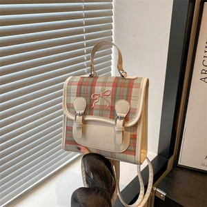 Chic beige plaid backpack with pink bow embroidery and faux leather straps for women