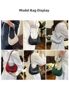 Detail showing various colors of crocodile pattern crescent bags in casual street styles