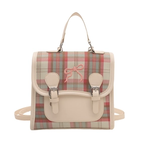 Retro plaid backpack with pink bow embroidery and cream white PU straps in a classic style