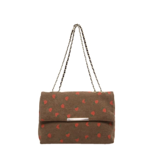 Brown corduroy shoulder bag with red strawberry print and golden chain strap