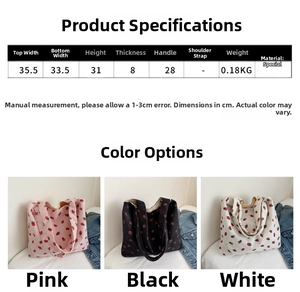 Size chart detail for the large strawberry tote bag with dimensions and material info