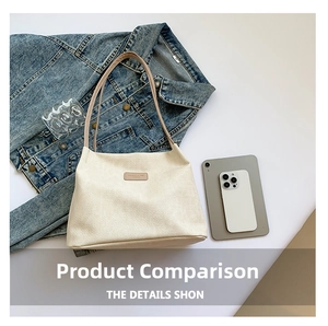 Detailed view of cream woven tote bag with handle on white surface with lifestyle items