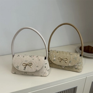 Sac À Épaule Sous Le Bras En Paille Tissée Pour Femmes Avec Broderie Florale Et Boucle Noeud En Métal Doré Sac À Main Vintage