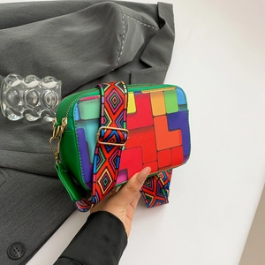 Colorful geometric patchwork crossbody camera bag with ethnic woven wide shoulder strap