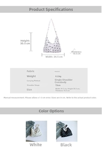 Detailed size chart and specifications for bow print canvas tote bag with dimensions