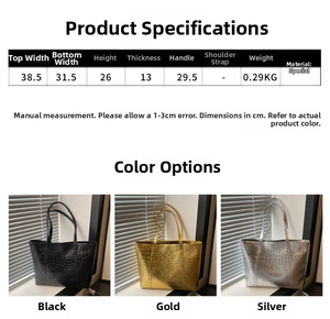 Detailed size chart for large crocodile pattern tote bag with various color options