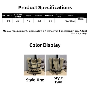 Detailed sizing chart and specifications for the large woven straw shoulder tote bag