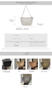 Size chart for trapezoid bucket bag with PU leather dimensions and color options