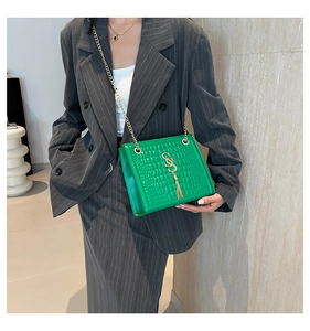 Détail du sac en cuir vert crocodile avec logo SS doré et bandoulière en chaîne dorée