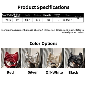 Detailed size chart and specifications for the PU leather bow shoulder bag for women