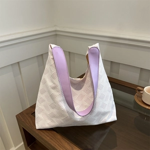Large capacity white tote bag with purple straps and woven texture for autumn commuting