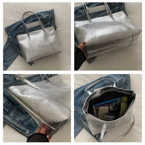 Silver large tote bag with crocodile pattern texture and spacious interior compartment