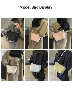 Detailed views of pleated trapezoid bucket bags in five colors with metal chain straps