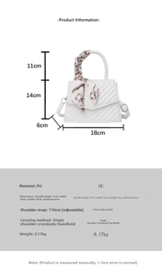 Detailed size chart for quilted PU crossbody bag with silk scarf handle dimensions