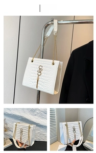 Detail der weißen Krokodilmuster-Quadrat-Tasche mit Goldquaste und Kettenriemen