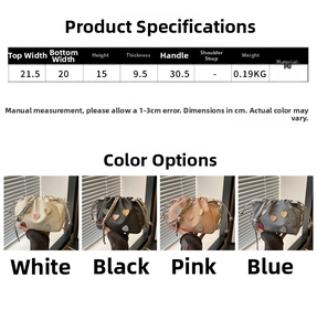 Size chart showing PU leather cloud bag dimensions 21.5x15x9.5cm in four colors