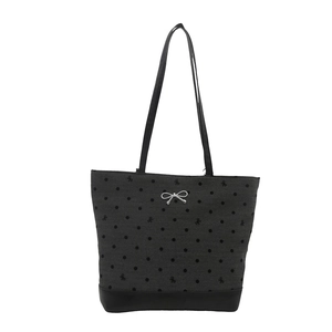 Charcoal grey polka dot tote bag with black bow print and metallic ribbon detail