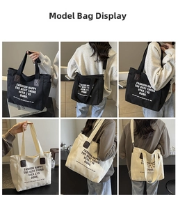 Detail shots of canvas tote bag in black and cream white with versatile straps