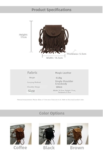 Detailed size chart and color options for the bohemian fringe suede crossbody bag
