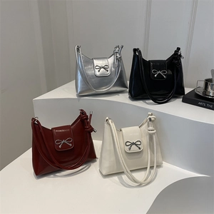 Bowknot Decor Shoulder Underarm Bag Shiny PU Leather Minimalist Crossbody Purse For Women Fashion Handbag