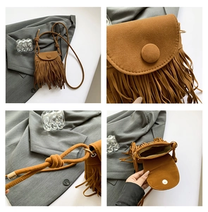 Detail view of tan fringe crossbody bag with suede finish and knotted shoulder strap