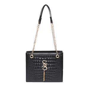 Sac bandoulière noir motif crocodile avec chaîne dorée et pendentif à pompon