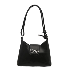 Sac sous le bras tendance en cuir PU noir avec nœud argenté et bandoulière nouée