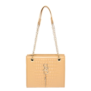 Beige Umhängetasche mit Krokodilprägung, goldenem Logo und elegantem Kettenriemen