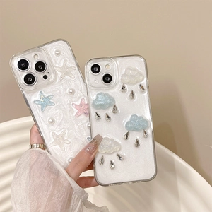 Cute 3D Cloud Raindrop Rhinestone Phone Case For iPhone Pearlescent Soft TPU Star Artificial Pearl Shell Luster Protective Cover