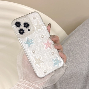 Detail of cream wavy iPhone case with pastel starfish and faux pearl 3D decorations