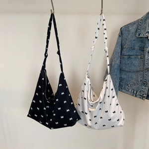 Women Bow Knot Print Canvas Hobo Bag Large Capacity Tote Shoulder Handbag Aesthetic Korean Style Foldable Shopper