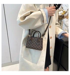 Close-up of a brown mini crossbody bag with M-letter monogram pattern and gold hardware