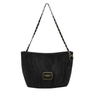 Chic black pleated tote bag with golden chain strap and metallic brand plate