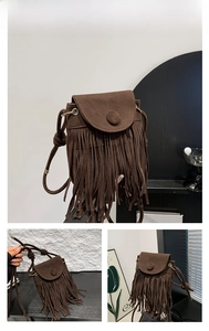 Detail of coffee brown crossbody bag with long fringes and rustic knot strap