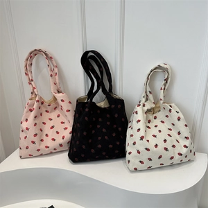 Borse tote minimaliste in velluto a coste con stampa fragole in rosa, nero e panna