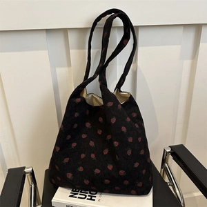Large capacity black corduroy tote bag with strawberry prints for women's daily commute