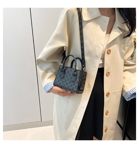 Mini vintage black handbag with gray monogram pattern shown on a model wearing a beige trench coat