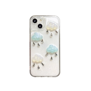 Sparkly clear iPhone case featuring 3D resin blue and white clouds with crystal rain drops