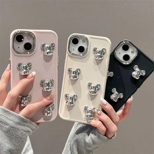 Silicone Phone Case With 3D Electroplated Bear Head Decorative Trendy Matte Shockproof Back Cover For iPhone