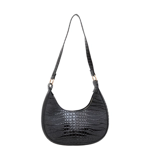Classic black crocodile pattern hobo shoulder bag with elegant crescent silhouette