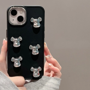 Matte black iPhone case with 3D silver metallic bears and silver camera frame protective