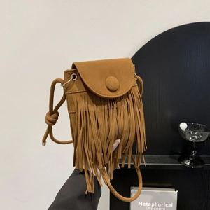 Retro brown suede crossbody bag with long tassels and bohemian fringe detailing
