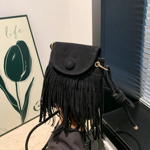 Bohemian black faux suede crossbody bag with long tassels and woven rope shoulder strap